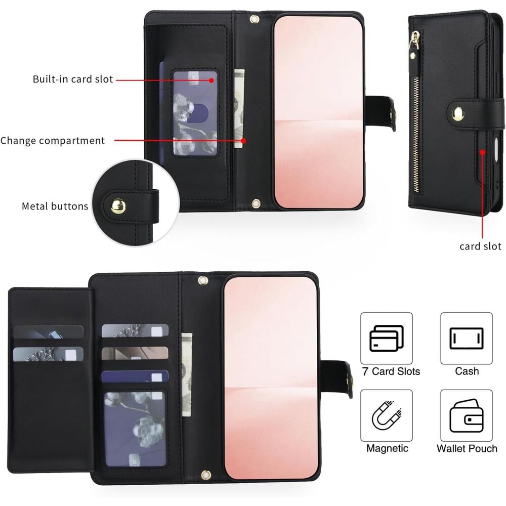 iPhone 17E Crossbody Case Black Wallet Zipper Card Holder Wrist Strap Kickstand - Picture 3 of 7